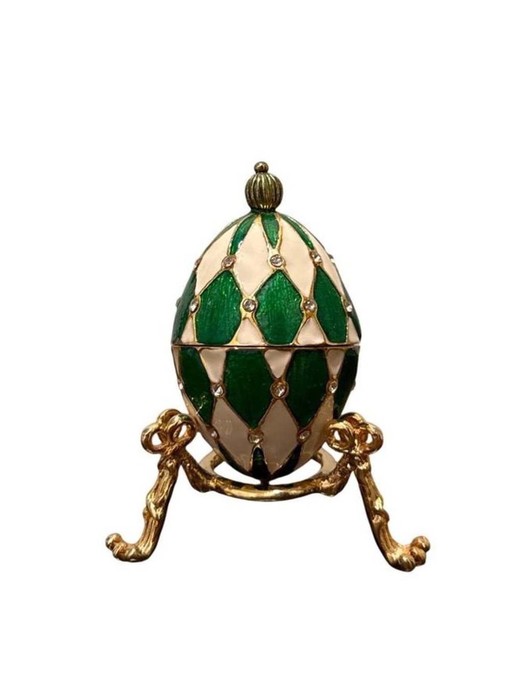 Fabergé Style Green Enamel Vintage Egg Trinket Box Gold Vanity Decor